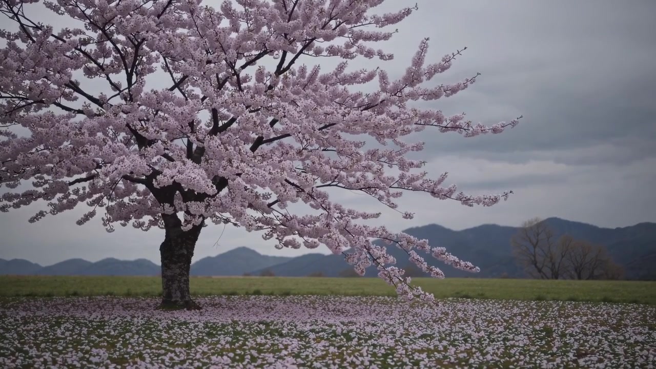 Albero di ciliegio in fiore con petali rosa che cadono sull'erba verde