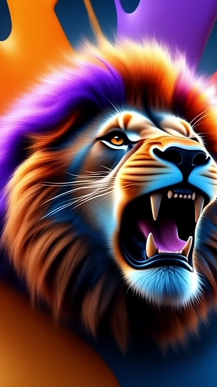 Roaring lion with bright colors. A fierce lion with vibrant colors is roaring, surrounded by splashes of bright paint, creating an energetic atmosphere.