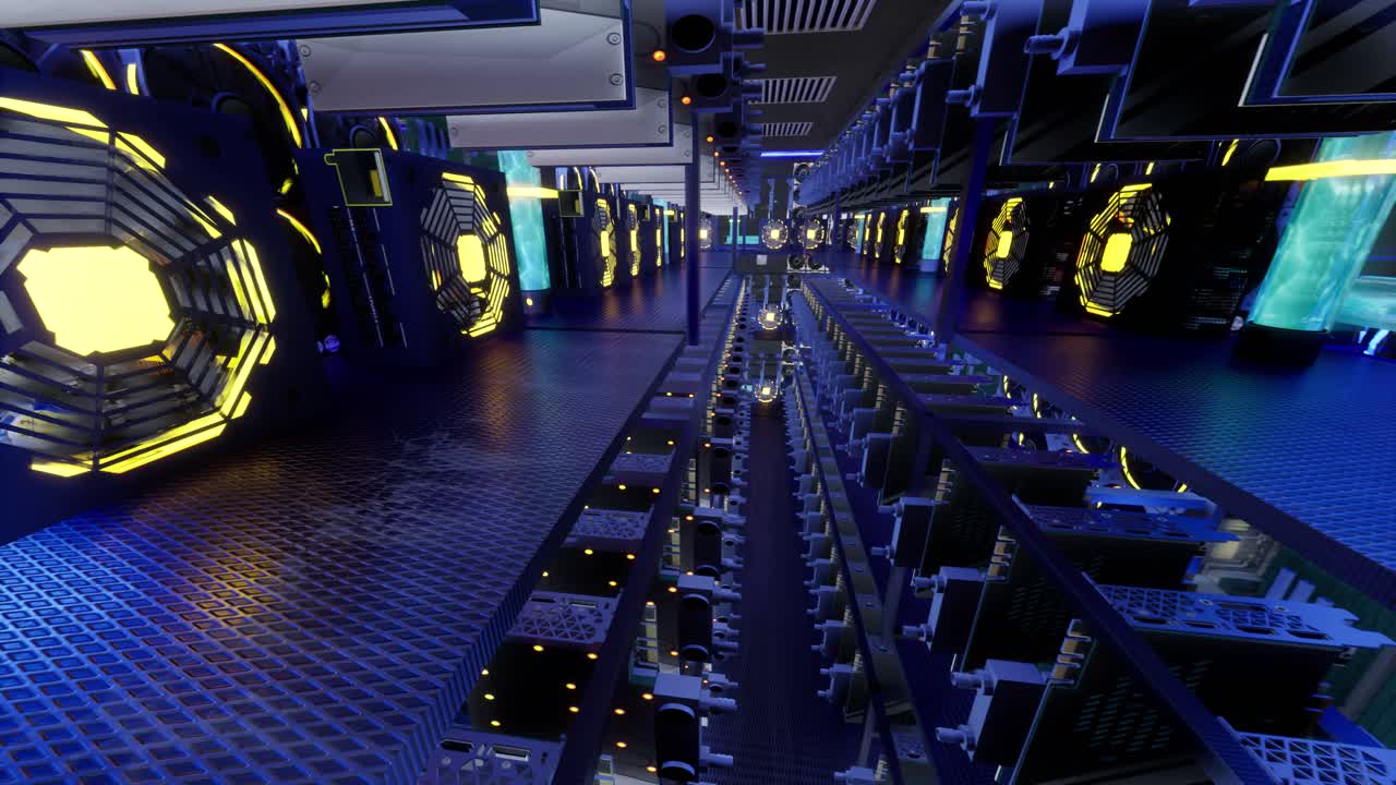 스탠드 랙에서 광산 장비의 3d 애니메이션: 강철 컨테이너에서 광산 암호화폐: 블록체인 기술 응용 특정 통합 회로 데이터 센터: 서버 방 조명