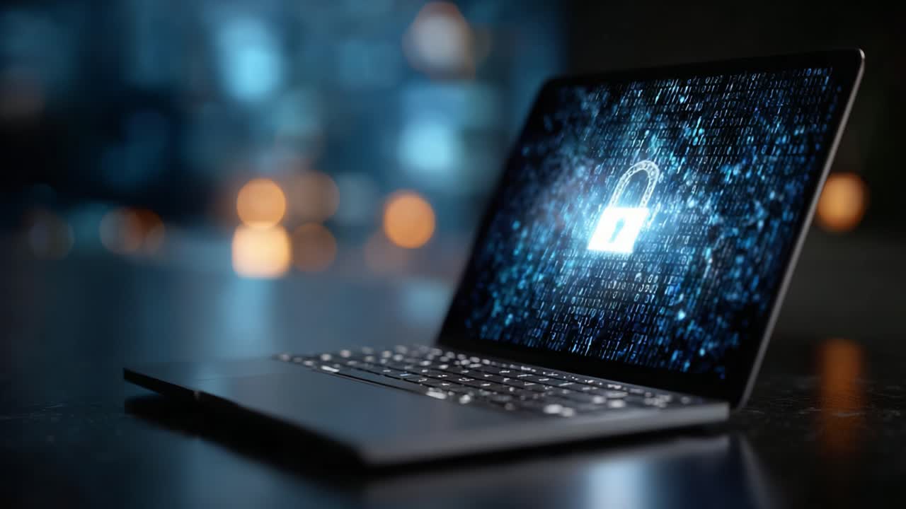 A sleek laptop displaying a visual representation of digital security with a padlock icon illuminated against a backdrop of abstract binary data and soft lighting effects
