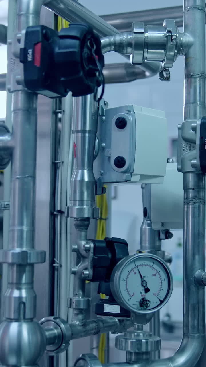 Food processing plant. New industrial equipment with metal pipes and modern appliances inside the milk factory.. Vertical video