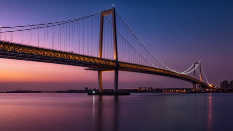 suspension bridge at dusk with city lights