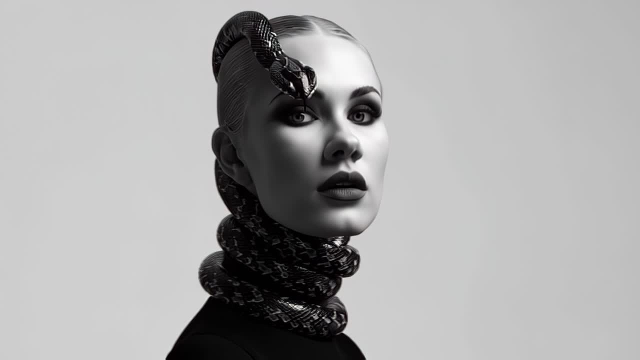 Imagens cinematográficas monocromáticas de uma mulher com uma cobra enrolada no pescoço, conceito dramático de moda e beleza em iluminação de estúdio com espaço para texto em fundo cinza.