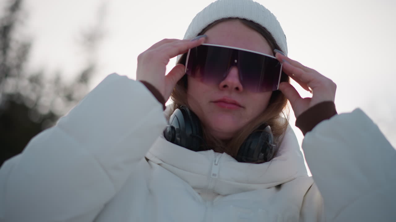 Close up side view of young woman wearing tinted sunglasses and headphones around neck, as she moves to music under bright winter sky wind tousles hair rosy cheeks and manicured nails glisten