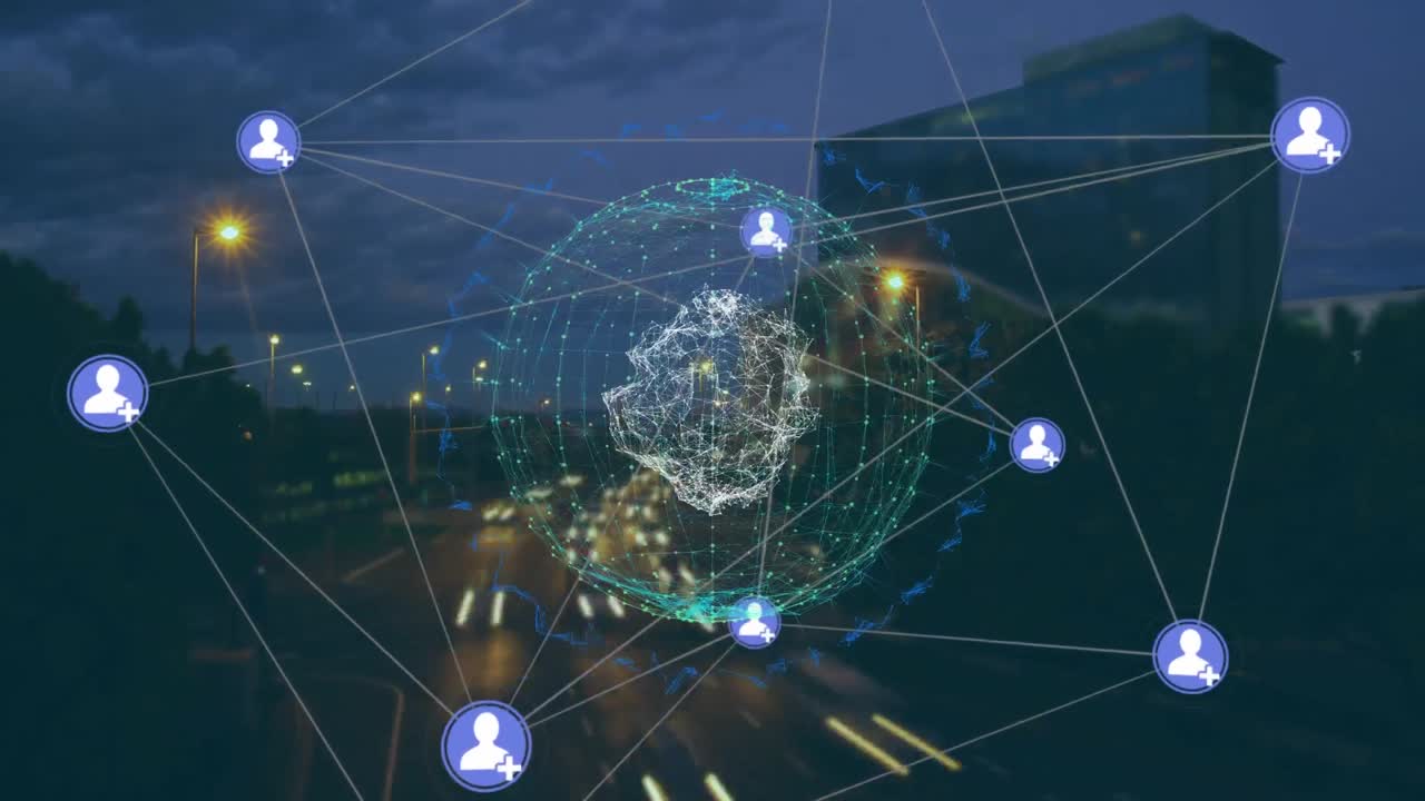 Web of connections icons and spinning globe against night city traffic