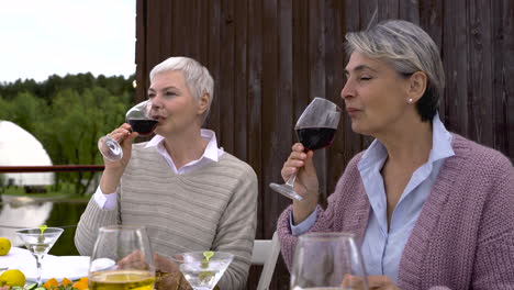 two senior women drinking wine