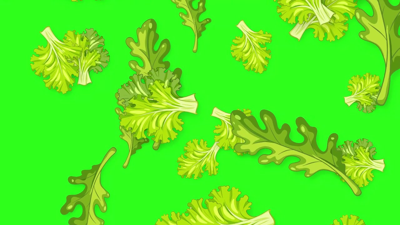 Foglie verdi di lattuga e cavolo riccio in stile cartone animato cadono verticalmente su uno sfondo verde brillante.