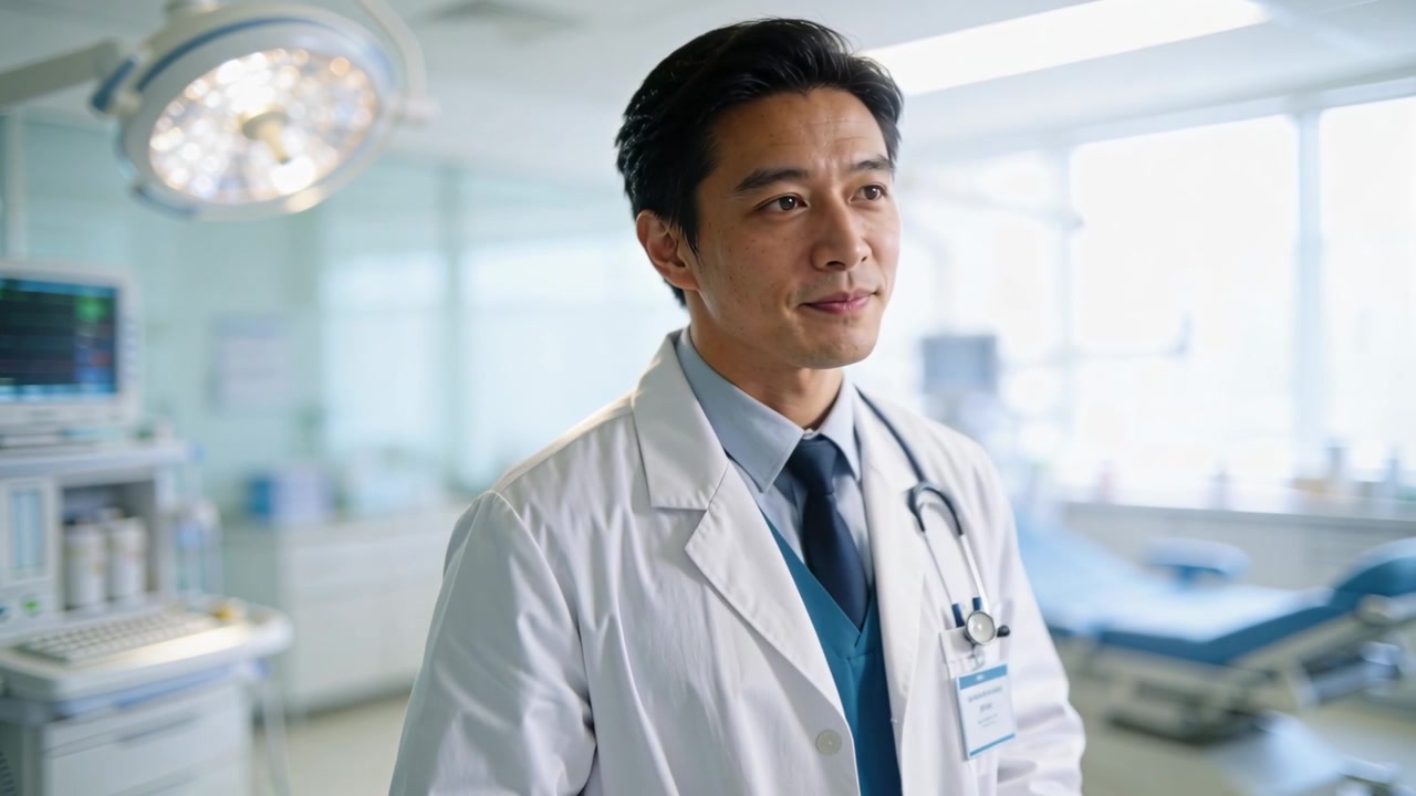 診療所で、白衣を着て聴診器をかけた微笑む医師が、スタッフの質問を受けて視線を向け、返答を考えている。