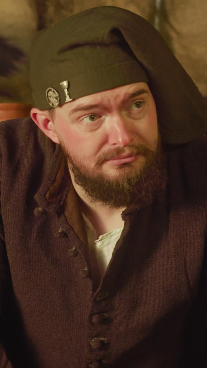 Joyful bartender cleans countertop in tavern. Smiling servant happy of large profit and generous guests in medieval inn. Fantasy role-play scene