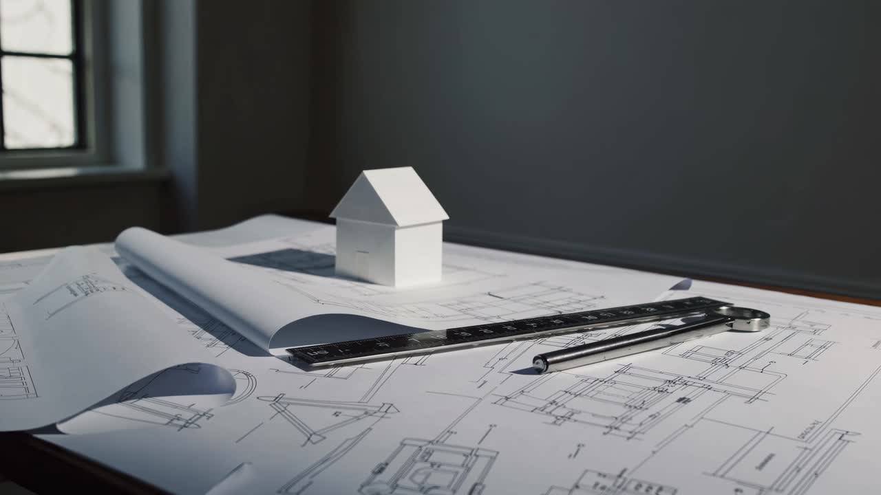 Conceito de vídeo arquitetônico com uma visão de baixo ângulo de projetos, uma maquete de casa e desenhos.