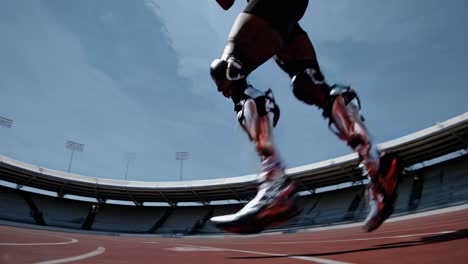 determined paralympic athlete sprinting along track, prosthetic running blades enabling powerful motion through stadium, embodying resilience and athletic excellence