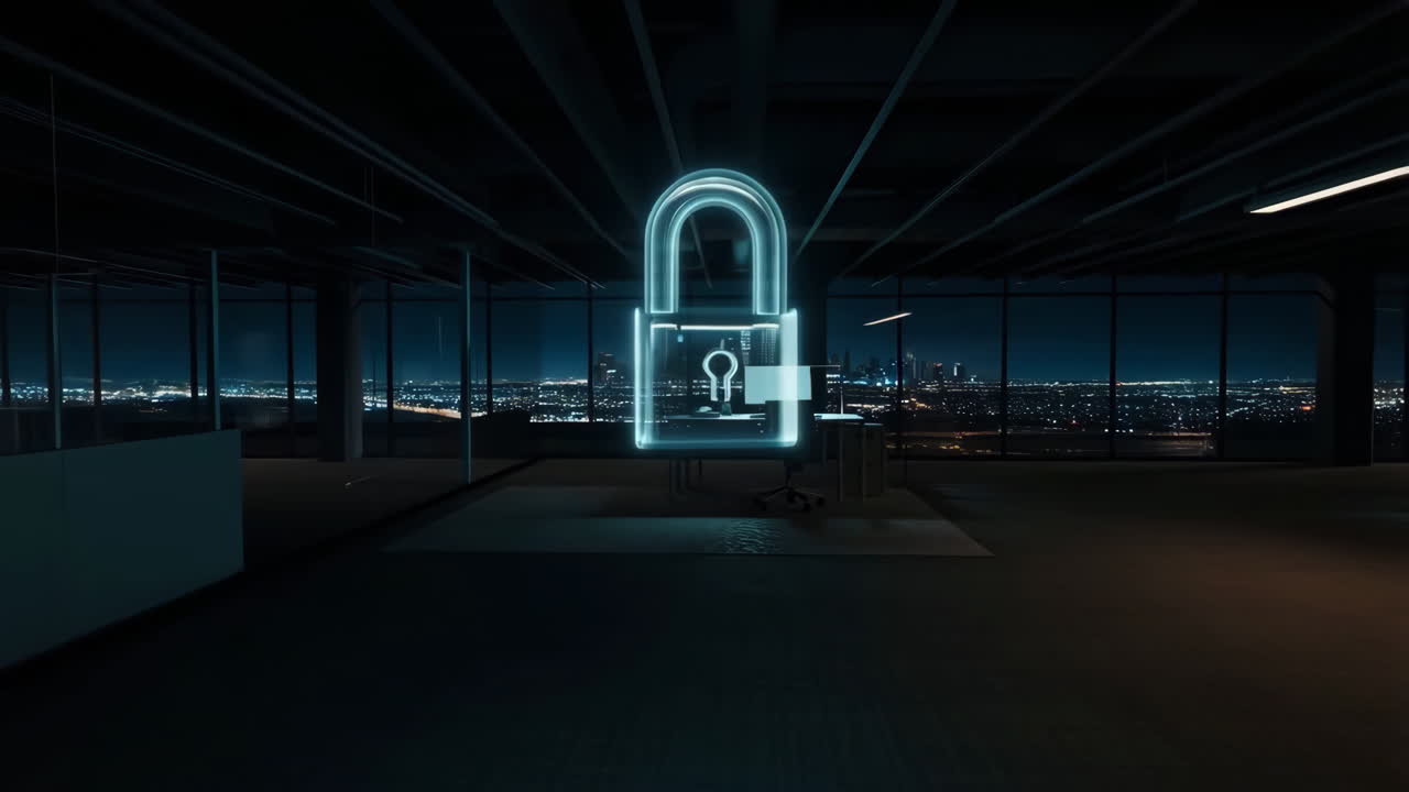 Holographic Padlock Symbolizing Cybersecurity in a Modern Office at Night