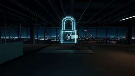 holographic padlock symbolizing cybersecurity in a modern office at night