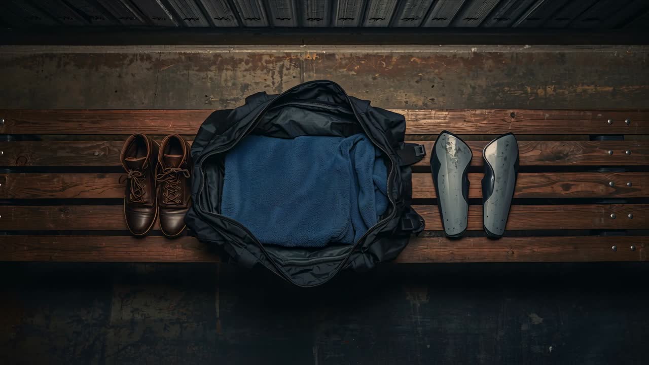 Vertical video: Panning camera showing locker bench with duffel open blue shirt shoes shinguards