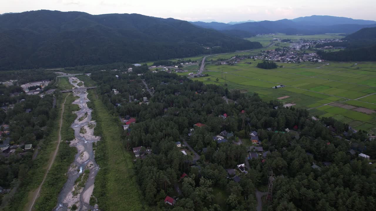 Scenic Landscape With Green Mountains And Matsu River In Summer, Hakuba Valley, Japanese Alps - Drone Shot