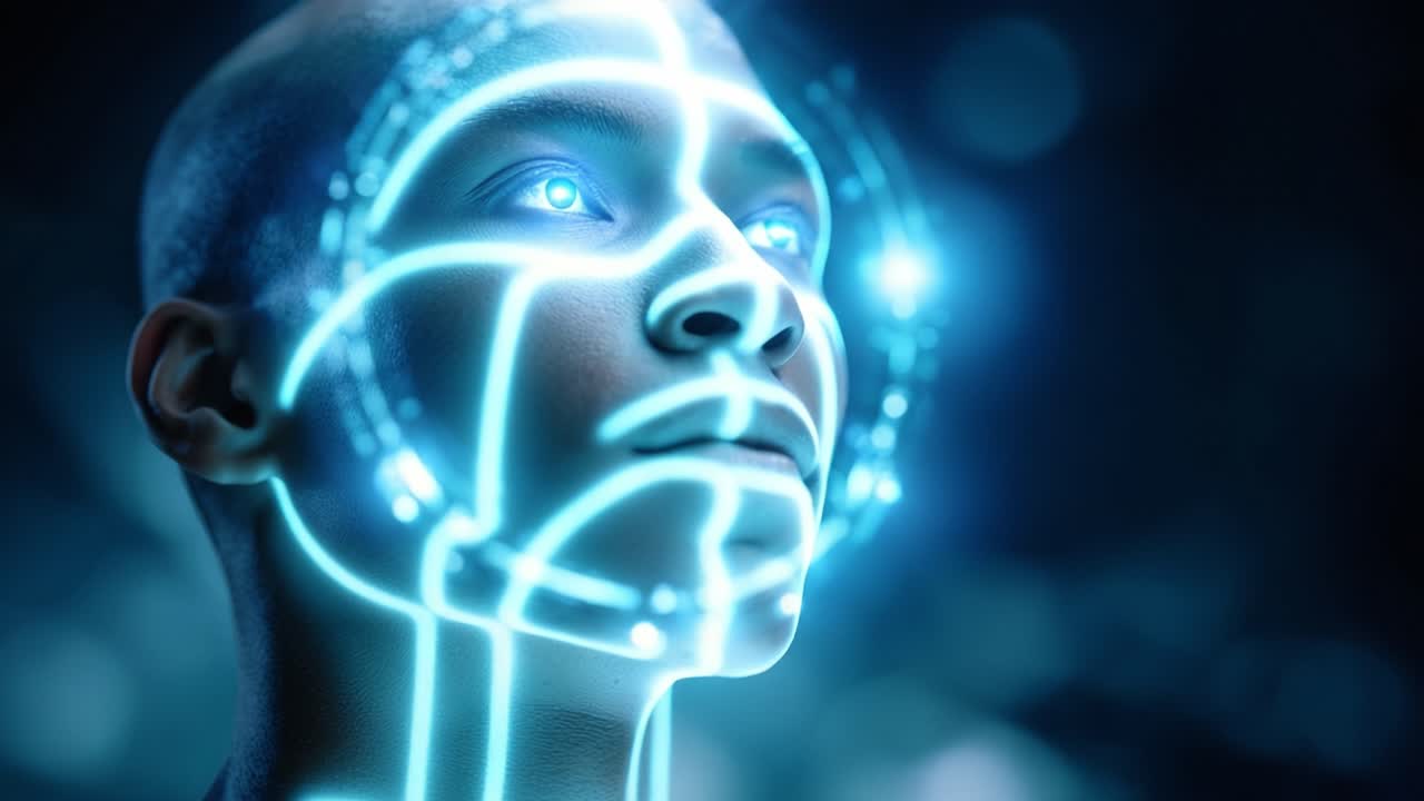 A futuristic representation of a person with glowing, digital features reflecting advanced technology and innovation in a visually striking, high-tech environment