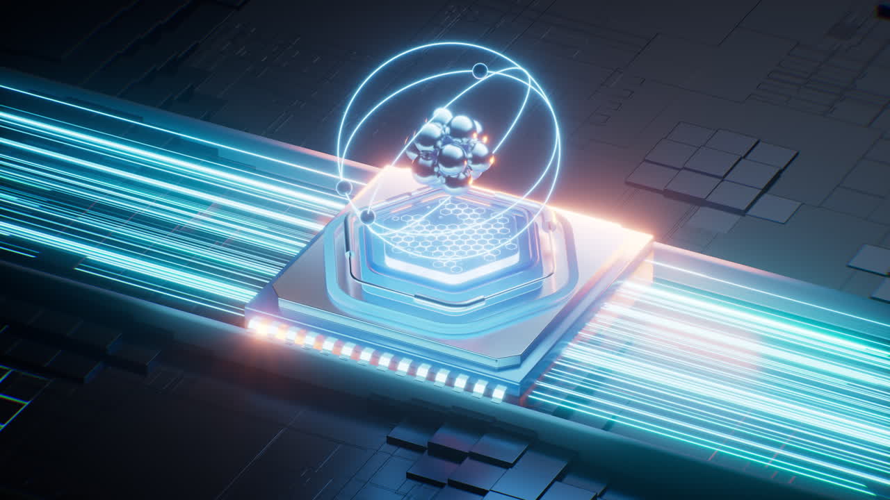 Physics atom with circuit board background, 3d rendering