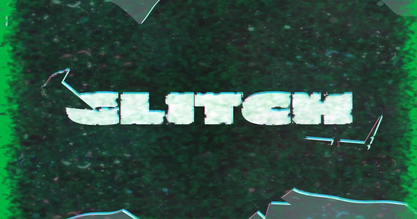 Visualizzazione del testo GLITCH che fluttua su sfondo trasparente, con un effetto glitch tecnologico e frammenti che si spostano.