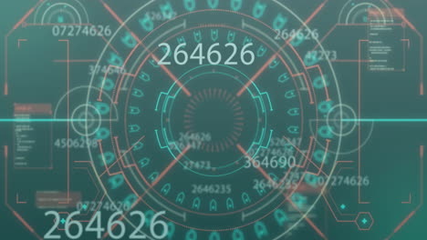 animation of circular scanner and numeric data processing on dark green background