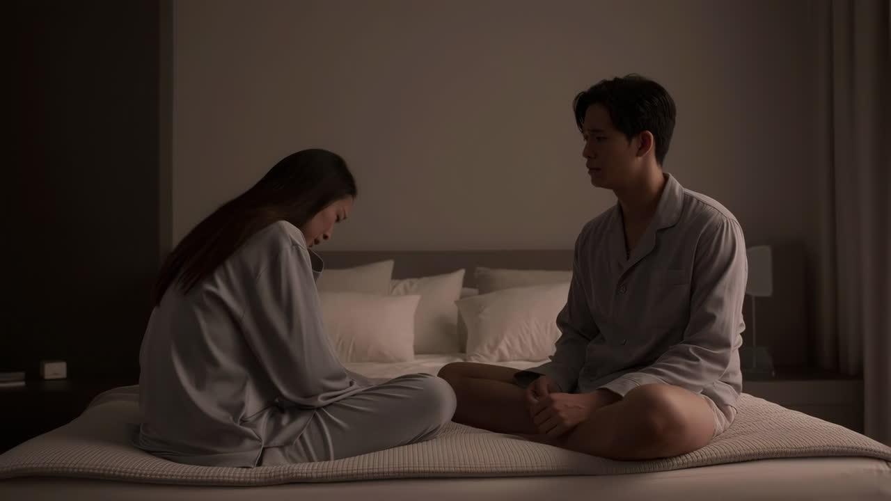 A couple in pajamas sits on a bed in a dimly lit room, appearing to have a serious discussion