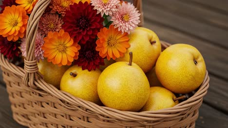 A Colorful Display of Fresh Pears and Vibrant Flowers in a Woven Basket, Showcasing Nature's Beauty and Abundance in a Rustic Setting