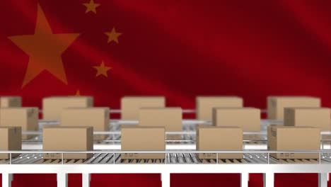 Animación-De-Cajas-De-Cartón-Sobre-Cintas-Transportadoras-Sobre-Bandera-De-China