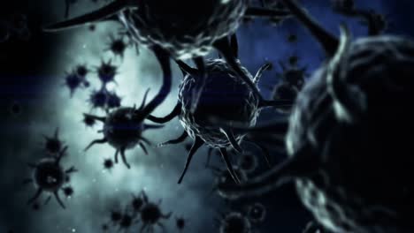 Digital-generated-virus-cells-flowing-against-blue-background