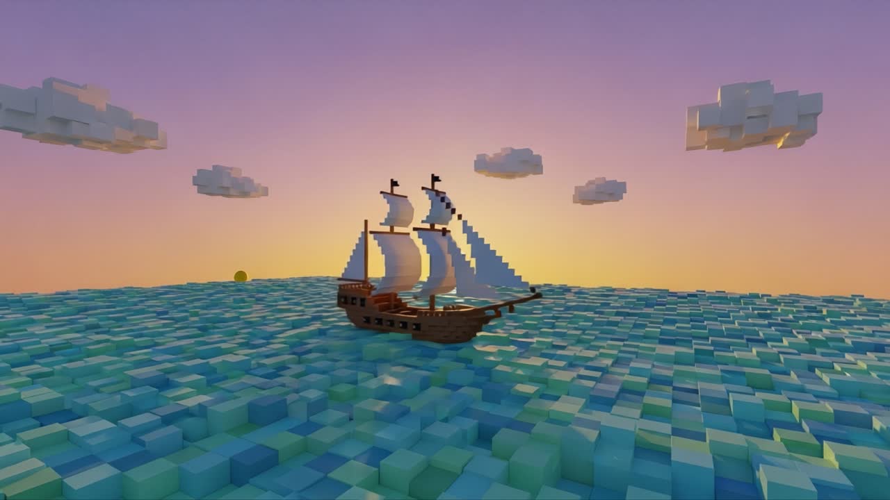 A Beautiful Sunset Over the Ocean Featuring a Detailed 3D Pirate Ship Sailing on Colorful Cubic Waves and Fluffy Clouds in a Pixelated Paradise