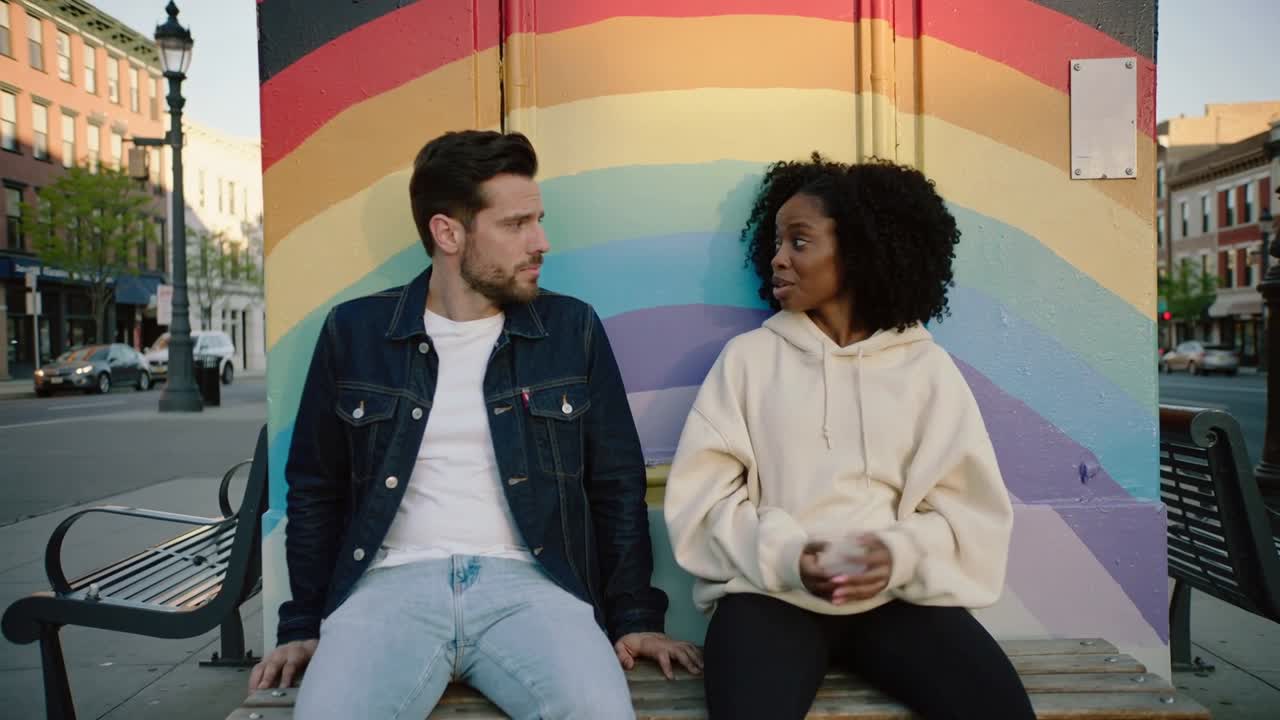 Gaze shifting woman in hoodie gesturing, chatting, man leaning on bench at corner, rainbow mural