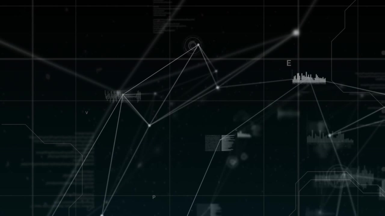 Animation of graphs, database, connected dots and circles with sound waves on black background