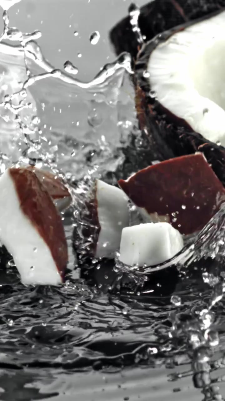Fresh Coconut Pieces Falling and Splashing into Dark Water