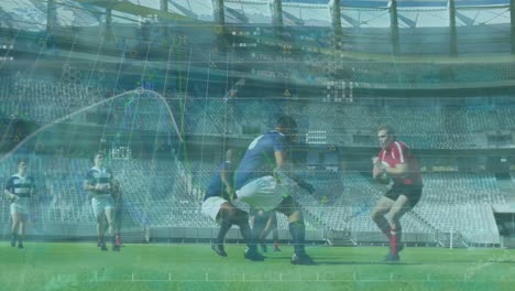 animación del procesamiento de datos sobre diversos jugadores de rugby en el estadio