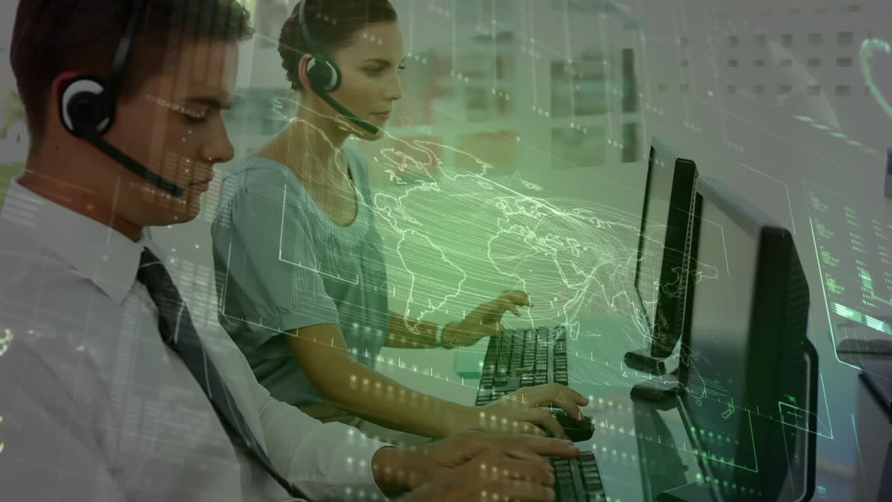 Animazione dell'elaborazione dei dati finanziari su uomini d'affari che lavorano in ufficio