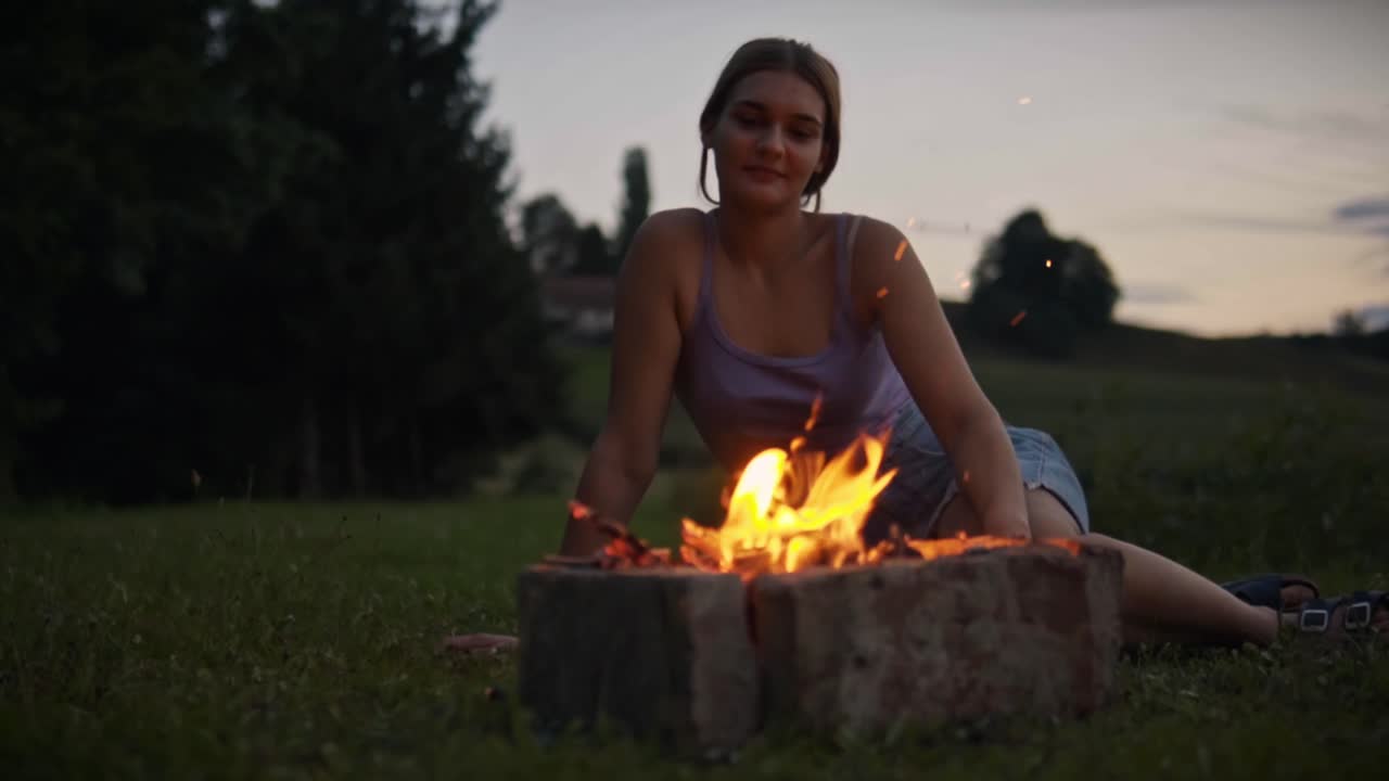 Donna sdraiata sull'erba vicino a un falò con fiamme ardenti al tramonto, che si gode una tranquilla atmosfera da campeggio all'aperto e un ambiente naturale silenzioso a Savci, Slovenia.