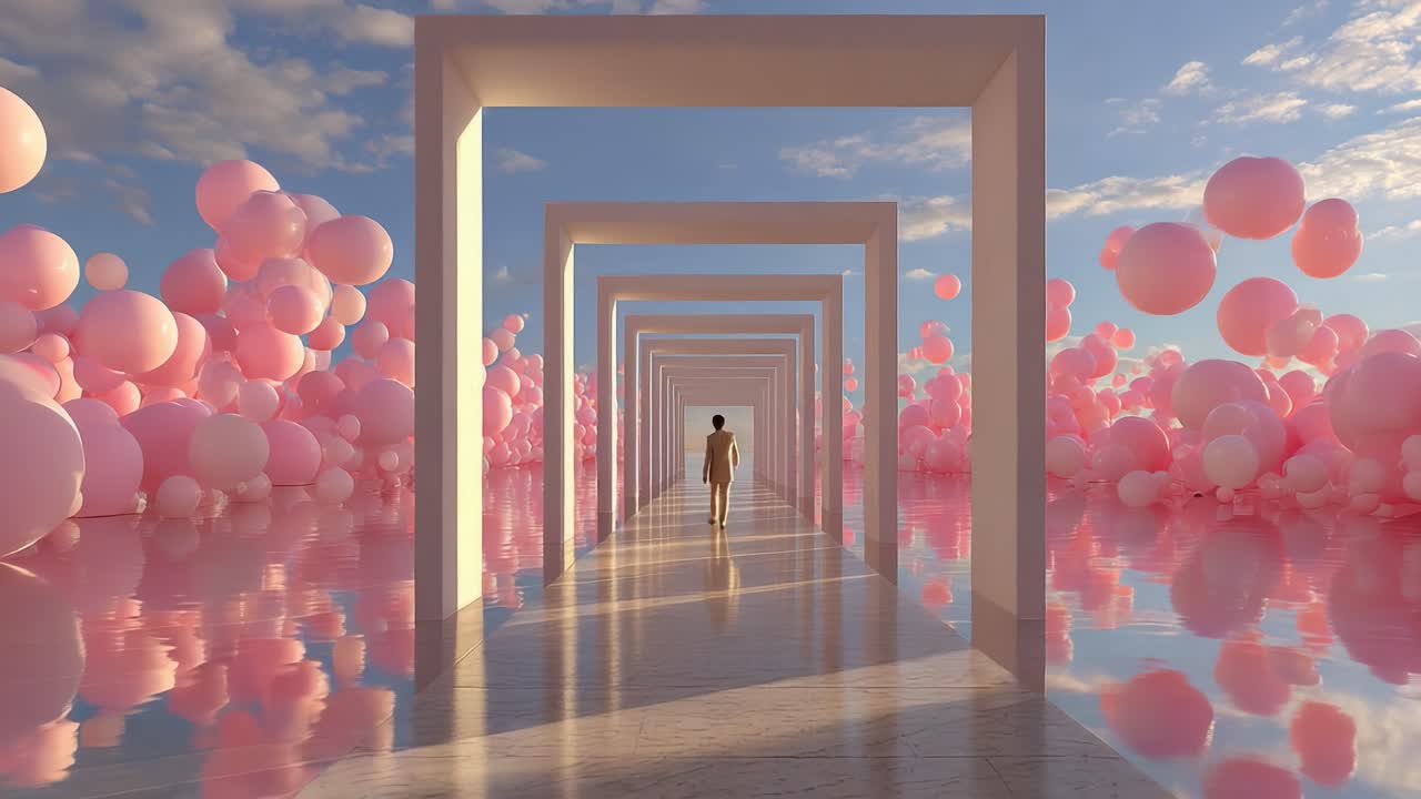 A Dreamlike Journey Through Ethereal Archways Surrounded by Soft Pink Bubbles Reflecting Light on a Serene Pathway, Emphasizing Tranquility and Wonder in a Surreal Landscape