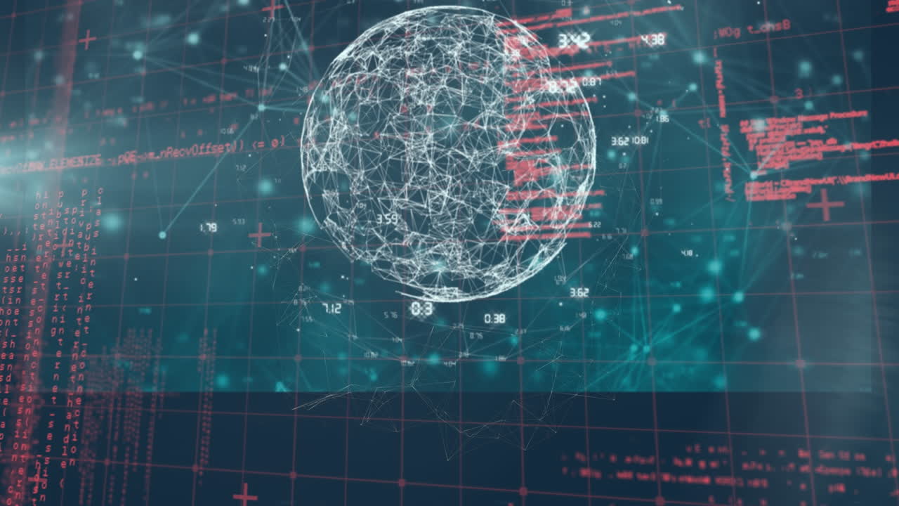 파란색 배경에 대한 데이터 처리와 함께 여러 화면의 디지털 애니메이션