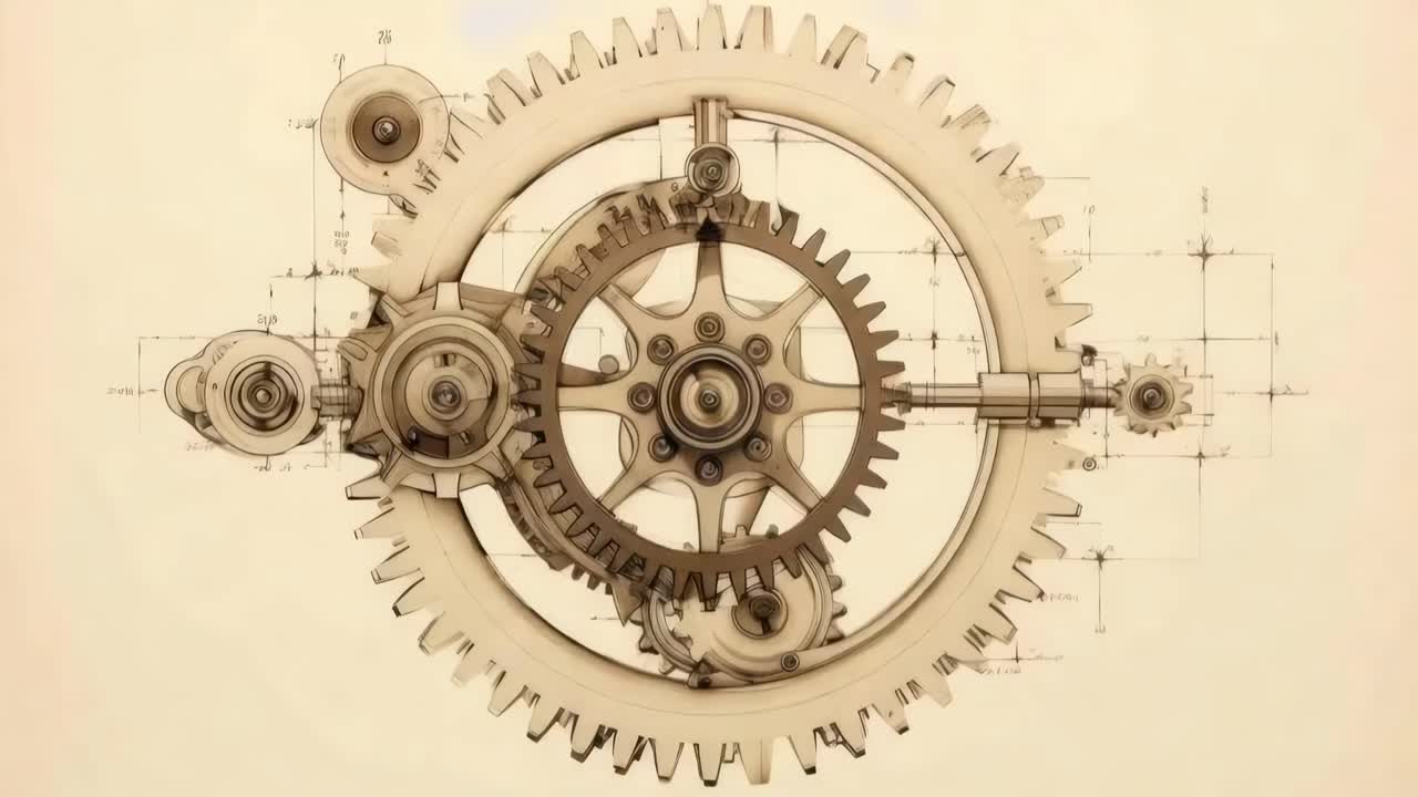 Steampunk gears and cogs in a vintage blueprint style, viewed from a straight-on angle