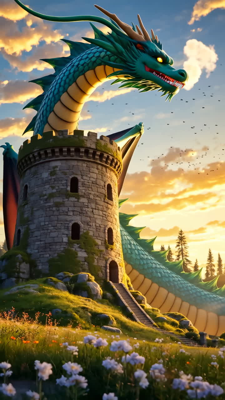 A majestic green dragon coiled around an ancient stone tower at sunset
