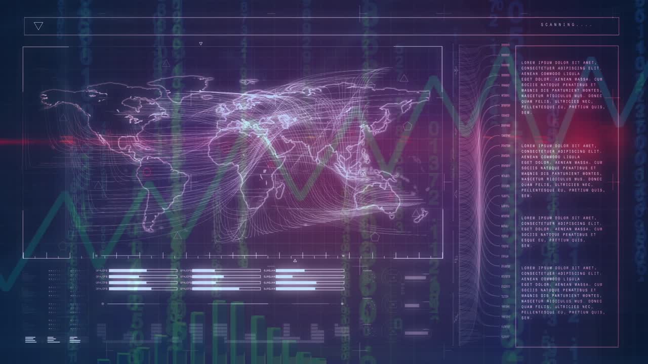 Animation of data processing on navy digital screen