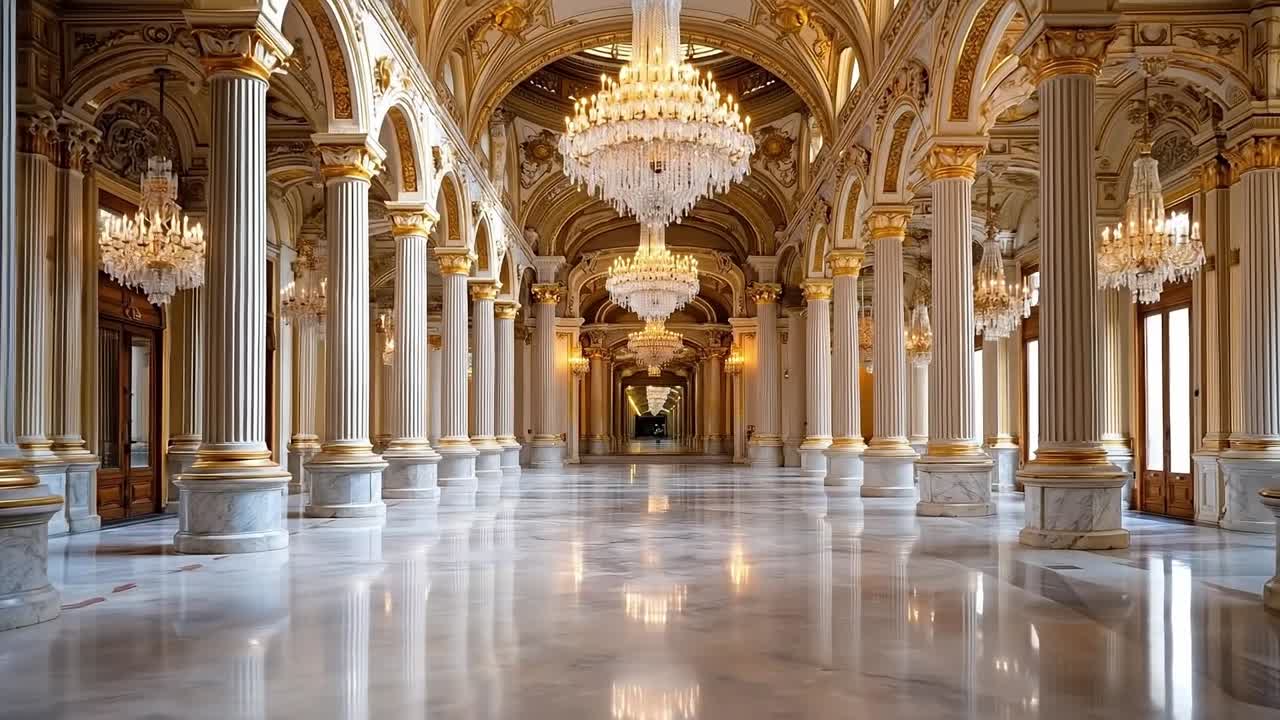 A large room with a chandelier and columns in it