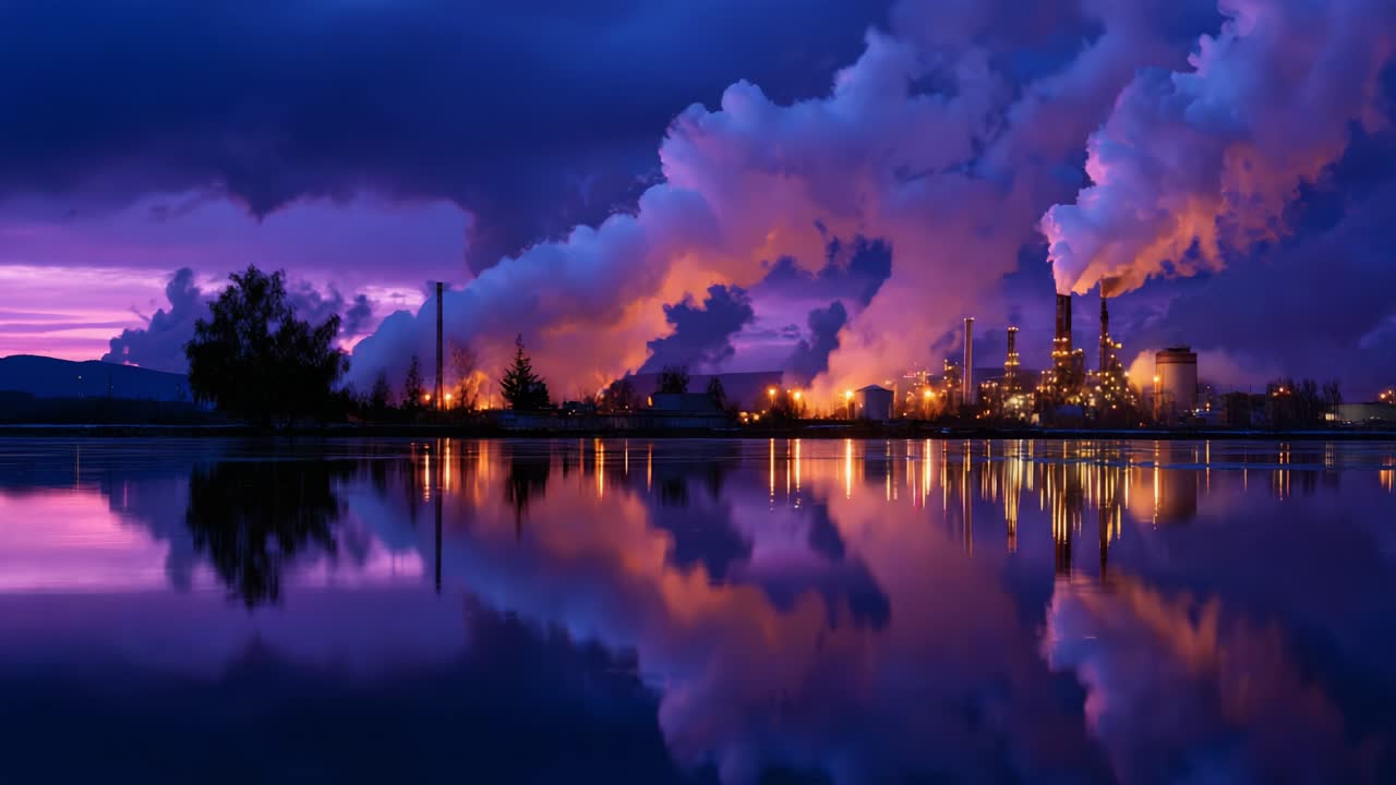 En betagende industriel aften: En panoramaudsigt over et kraftværk midt i en fortryllende tusmørke, der fanger harmonien mellem hvirvlende røg, refleksioner på vand og en farverig himmel