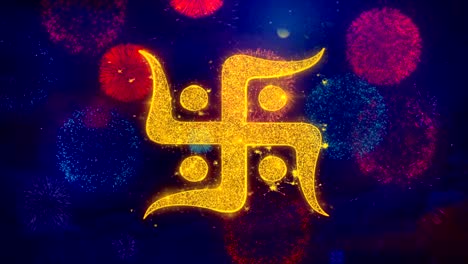 hindu swastika icon symbol on colorful fireworks particles.