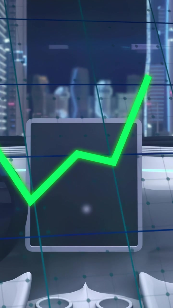 Video verticale: Un bagliore centrale avvia una linea al neon che traccia un grafico frastagliato sullo schermo per mostrare un segnale
