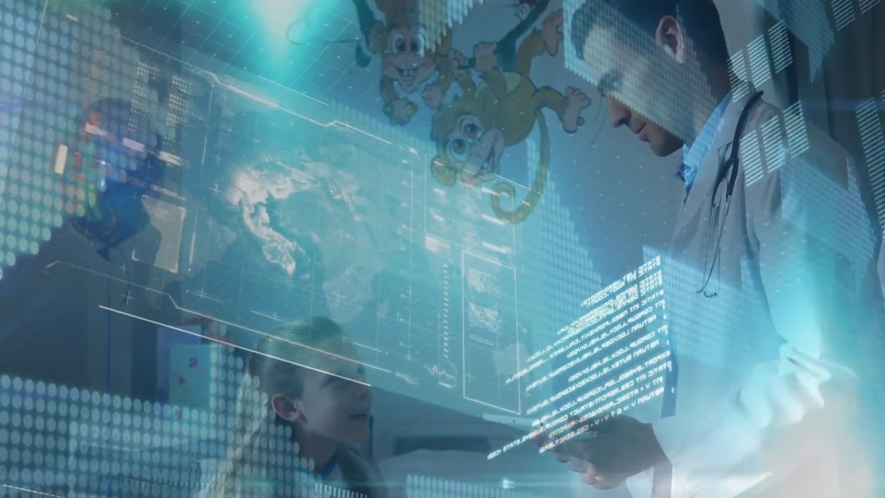 디지털 태블릿을 가진 백인 남성 의사가 병원에서 백인 소녀와 대화하는 데이터 처리