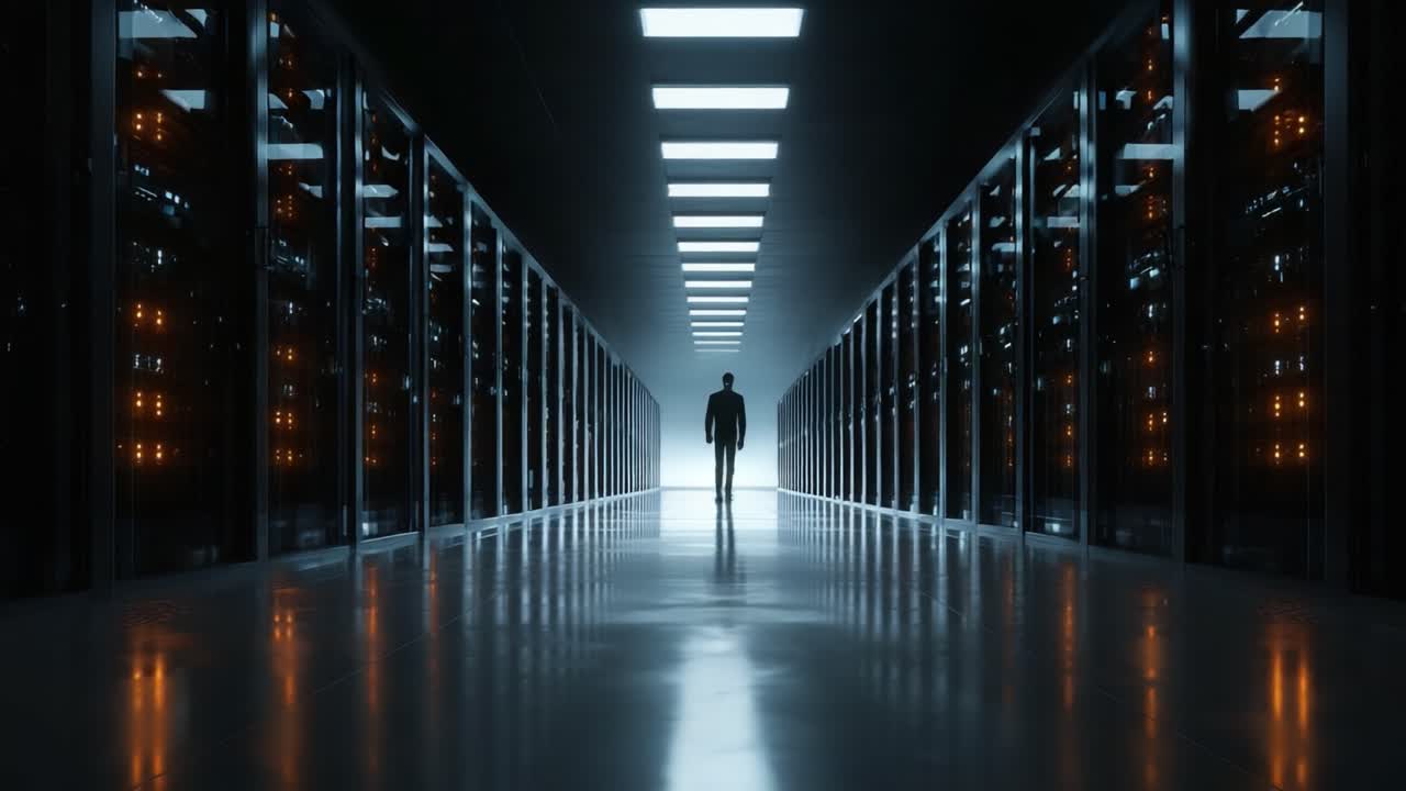 A solitary figure traversing a high-tech server room, bathed in the glow of illuminated data centers, showcasing an atmosphere of technology and isolation
