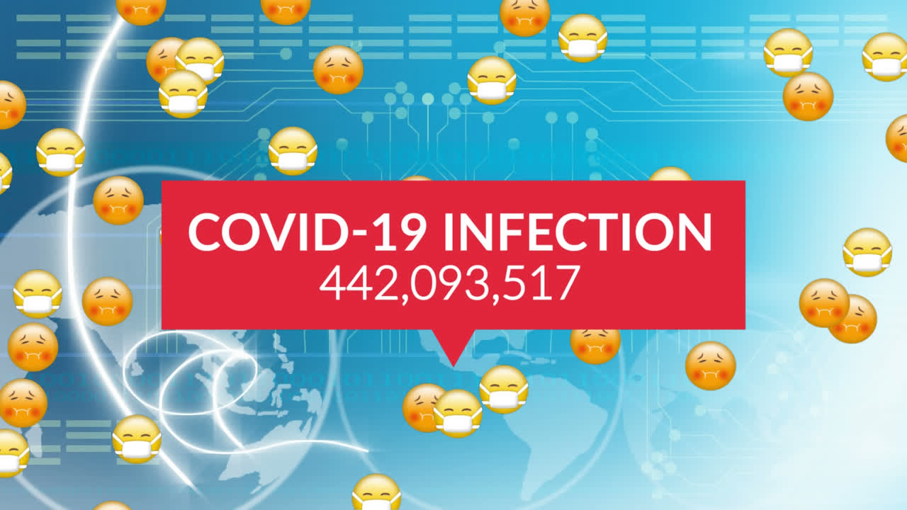 Animation of Covid-19 Infection and emoji icons flying over globe spinning