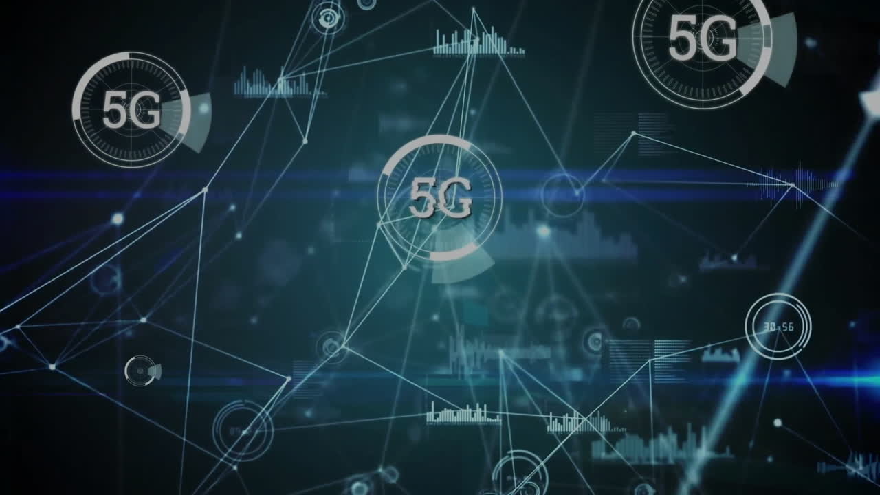 animazione dell'elaborazione dei dati digitali e del testo 5g su rete di connessioni
