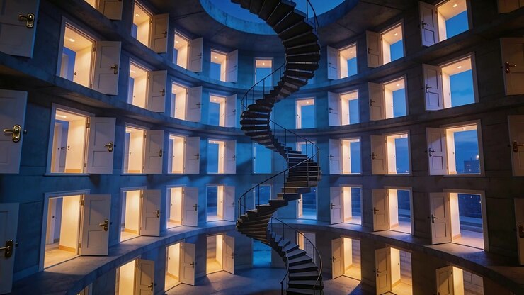 Bevægende kamera fokuserer på central vindeltrappe i cirkulært atrium, oplyste døre og messinglåse.