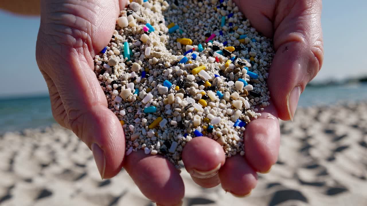 Close-up video angle of hands holding colorful microplastics and sand on a beach