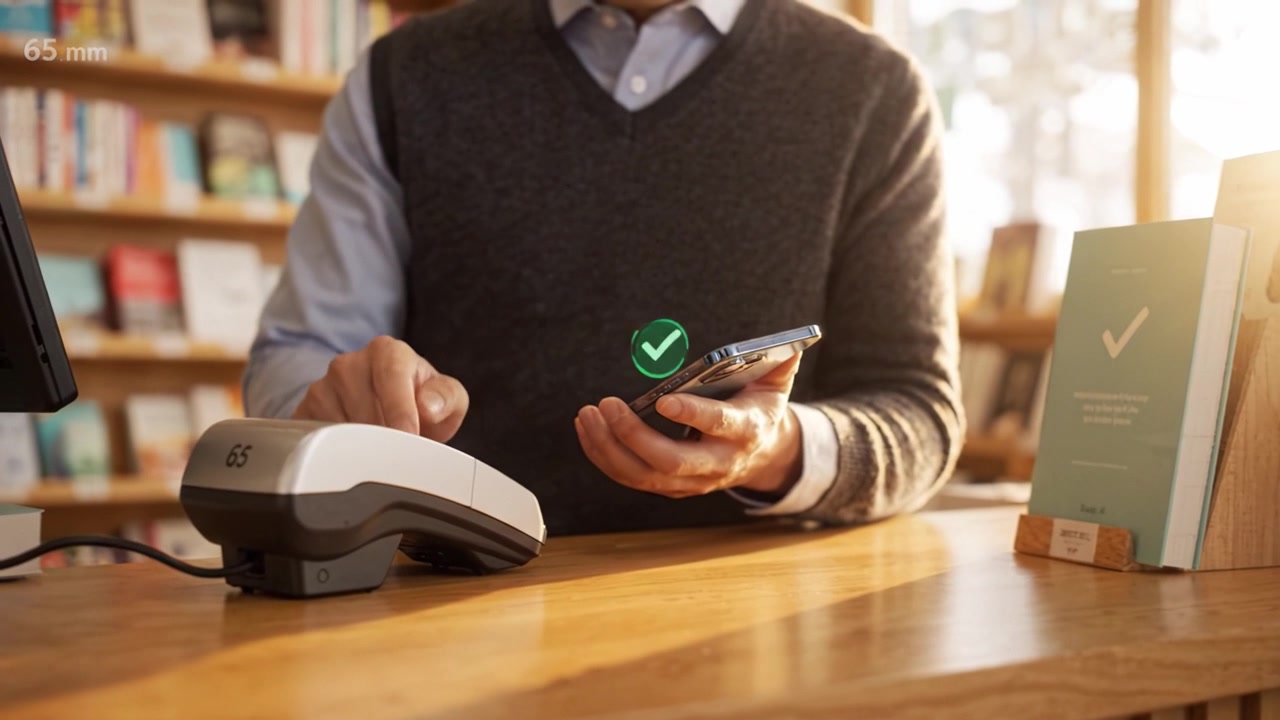 Un cliente effettua un pagamento contactless presso il bancone di un moderno negozio al dettaglio con un dispositivo mobile, mostrando convenienza e tecnologia nelle transazioni quotidiane.